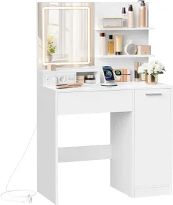 VASAGLE Kailyn Collection - Туалетний столик зі світлодіодним дзеркалом і стрічкою живлення, шафа з 2 регульованими полицями,