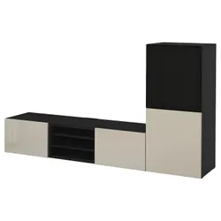 IKEA BESTÅ(993.294.56) комбінація для телевізора / скляні двері, чорно-коричневий / Selsviken глянцевий / бежеве тоноване скло