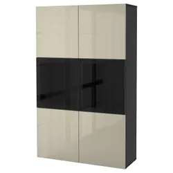 IKEA BESTÅ(591.247.58) книжкова шафа / скляні двері, чорно-коричневий / Selsviken глянцевий / бежеве прозоре скло