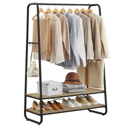 Чорна та коричнева вішалка для одягу з 2 полицями