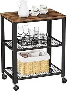 VASAGLE Vintage 3 Tier Service Cart, Rustic Trolley on Wheels, Durable Storage Rack with Wooden Tray, Wheels, for Kitchen and