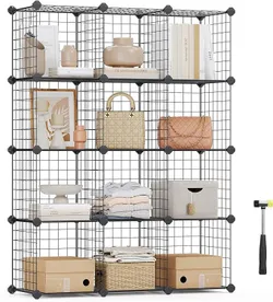 Songmics LPI34H Вставна полиця, дротяна сітка, стояча, 12 відділень, 96 x 126 x 31,5 см (Ш x В x Г), чорна, з гумовим молотком у