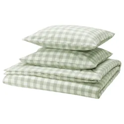 IKEA EKTANDVINGE(005.854.07) ковдра та 2 подушки, блідо-сіро-зелений білий/картаний