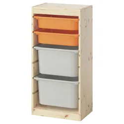 IKEA TROFAST(795.754.34) Полиця з контейнерами, Світла сосна, пофарбована в білий і світло -помаранчевий/сірий
