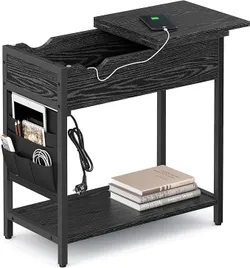 VASAGLE Тумба, тумбочка з розеткою, вузька, з USB портами, сумка, для вітальні, спальні, чорна з деревним малюнком LET311B56