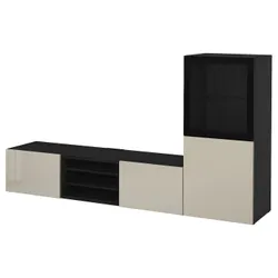IKEA BESTÅ(093.294.51) комбінація для телевізора / скляні двері, чорно-коричневий / Selsviken глянцевий / бежеве прозоре скло