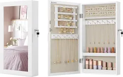 SONGMICS JJC051W02 Шафа для ювелірних виробів, настінна, з дзеркалом і місцем для зберігання, на замок, органайзер, економія