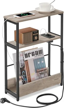 VASAGLE Slim Side Table with Power Strip, 3-ярусна тумбочка, тумбочка, для невеликих приміщень, журнальна стійка, вітальня,