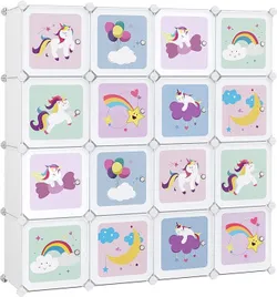 SONGMICS LPC906W01 Система стелажів на 16 кубів, дитяча шафа, шафа для одягу та взуття з дверцятами, пластик, вставна полиця,