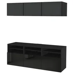 IKEA BESTÅ(794.072.09) комбінація для телевізора / скляні двері, чорно-коричневий / Selsviken high-gloss / чорне димчасте скло