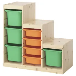 IKEA TROFAST(095.743.34) Полиця з контейнерами, Світла сосна, пофарбована білим і світло -помаранчевим/яскраво -зеленим