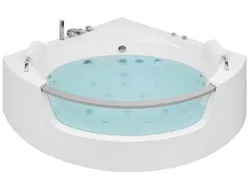 Світлодіодна кутова ванна з гідромасажем 150 х 150 см біла MANGLE