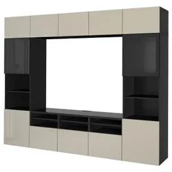 IKEA BESTÅ(394.110.29) комбінація для телевізора / скляні двері, чорно-коричневий / Selsviken глянцевий / бежеве прозоре скло