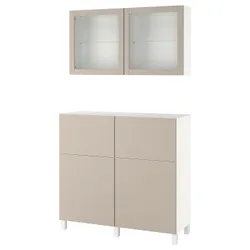 IKEA BESTÅ(594.215.55) поєднання полиці з дверцятами/шухлядами, біле Lappviken / Stubbarp / світло-сіро-бежеве прозоре скло