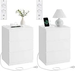 Тумбочка VASAGLE, тумбочка, 3 шухляди, скошений край, 2 розетки змінного струму, 2 порти USB, для вітальні, спальні, кабінету,