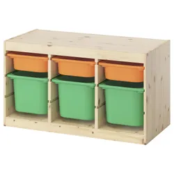 IKEA TROFAST(095.748.95) Полиця з контейнерами, Світла сосна, пофарбована білим і світло -помаранчевим/яскраво -зеленим
