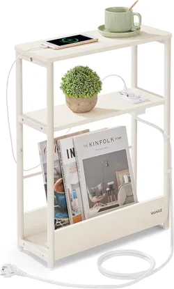 VASAGLE Slim Side Table with Power Strip, 3-ярусна приліжкова тумбочка, тумбочка, для невеликих приміщень, журнальна стійка,